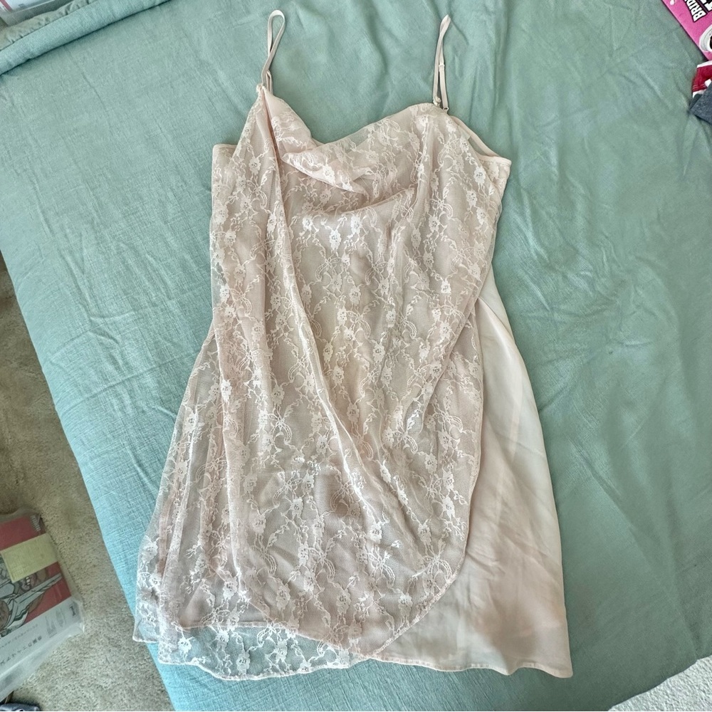 Pale Peachy-Pink Sheer Nightie with Floral Lace Overlay